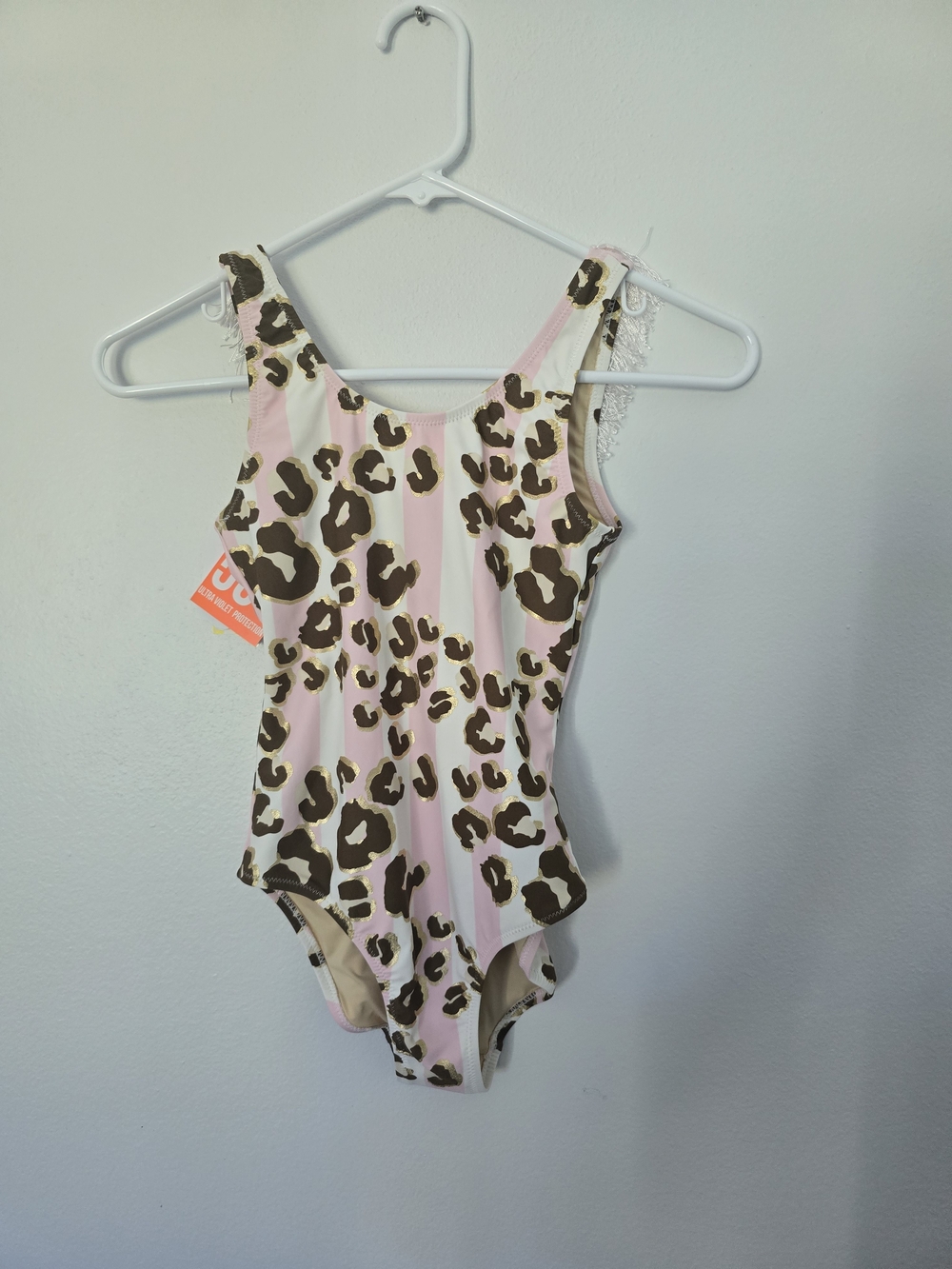 NWT Shade Critters Metallic Leopard Girls Fringe Back One Piece Swimsuit Size 10